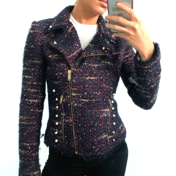 Zara Burgundy Boucle Wool Tweed Moto Blazer Jacket - Picture 1 of 9